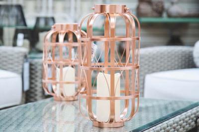 Large copper color metal lantern with 6" flickering candle