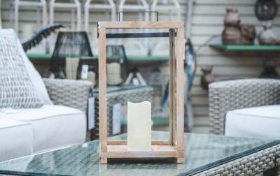 MEDIUM RECTANGLE WOOD lantern with 6" flickering candle