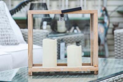 LARGE WOODEN lantern with 2 flickering candles