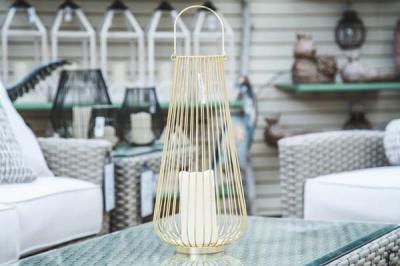 Gold metal lantern with 6" flickering candle
