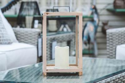 SMALL RECTANGLE WOOD lantern with 4.5" flickering candle