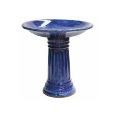 Glazed Birdbath Set - Fluted Blue