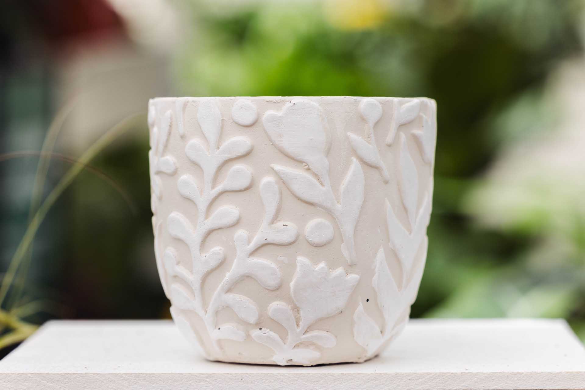 4" White Embossed Leaf Cache Pot