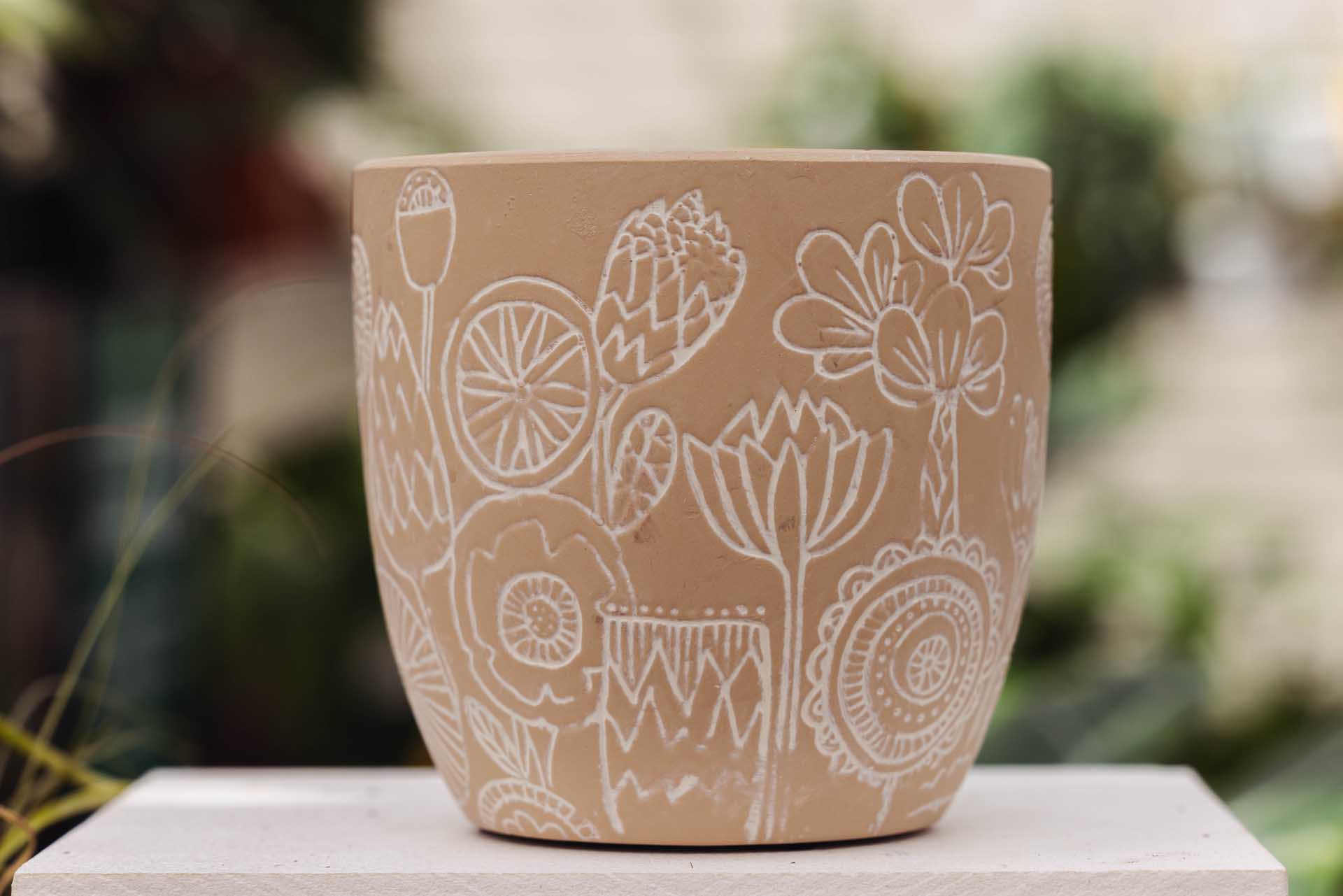 5" Tan Etched Floral Cache Pot