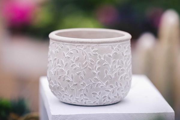 5.5" Gray Etched Vine Rimmed Cache Pot