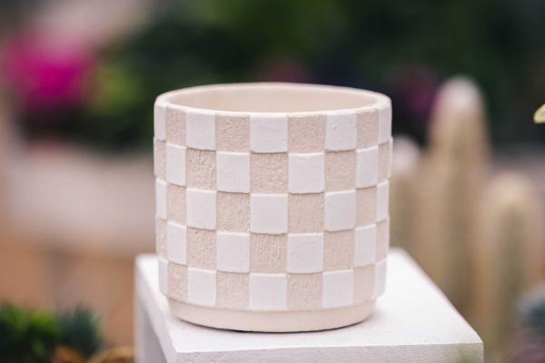 7" Tan & White Tartan Cache Pot