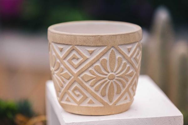 7" Tan & White Aztec Print Cache Pot
