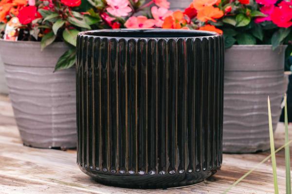 14" Black Vertical Rib Cylinder Pot
