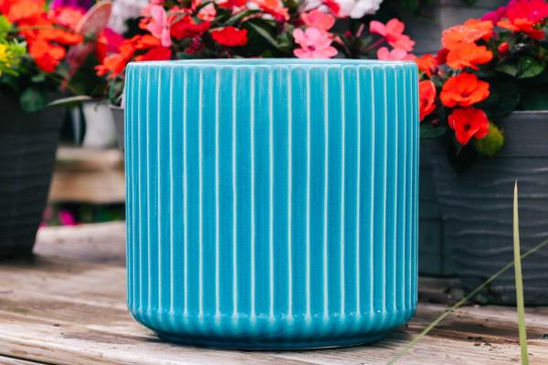 14" Blue Vertical Rib Cylinder Pot